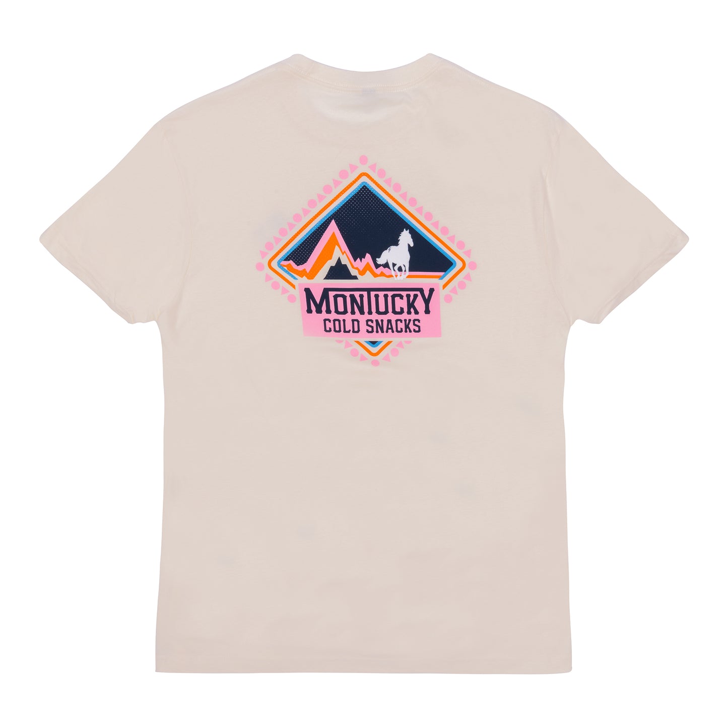 Beige t-shirt with a colorful logo on the back on a white background