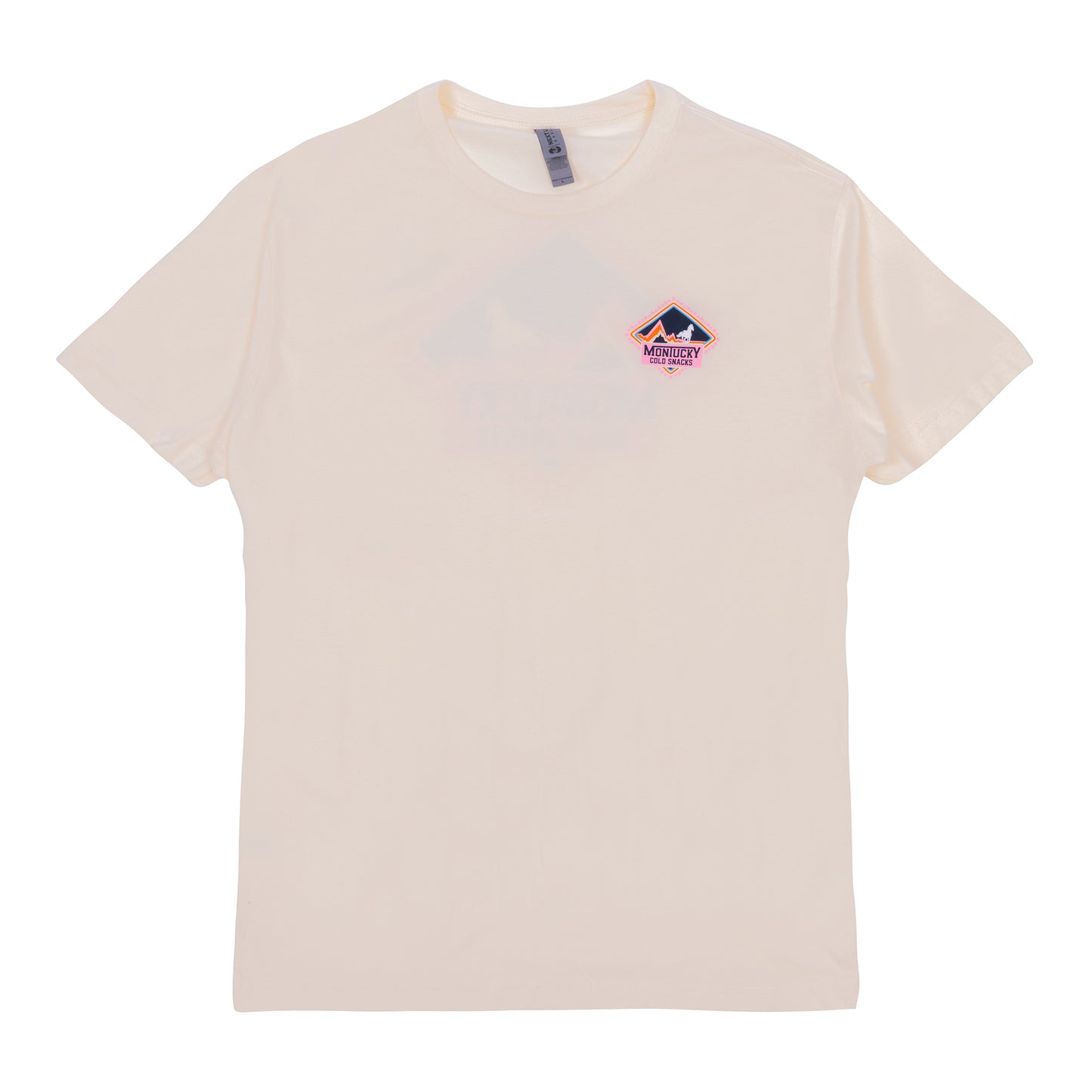 Beige t-shirt with a small logo on a white background