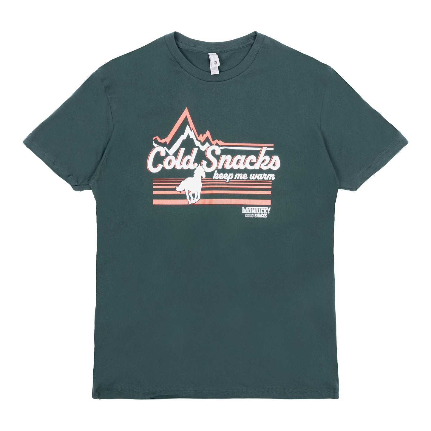 Green t-shirt with graphic design and text on a white background