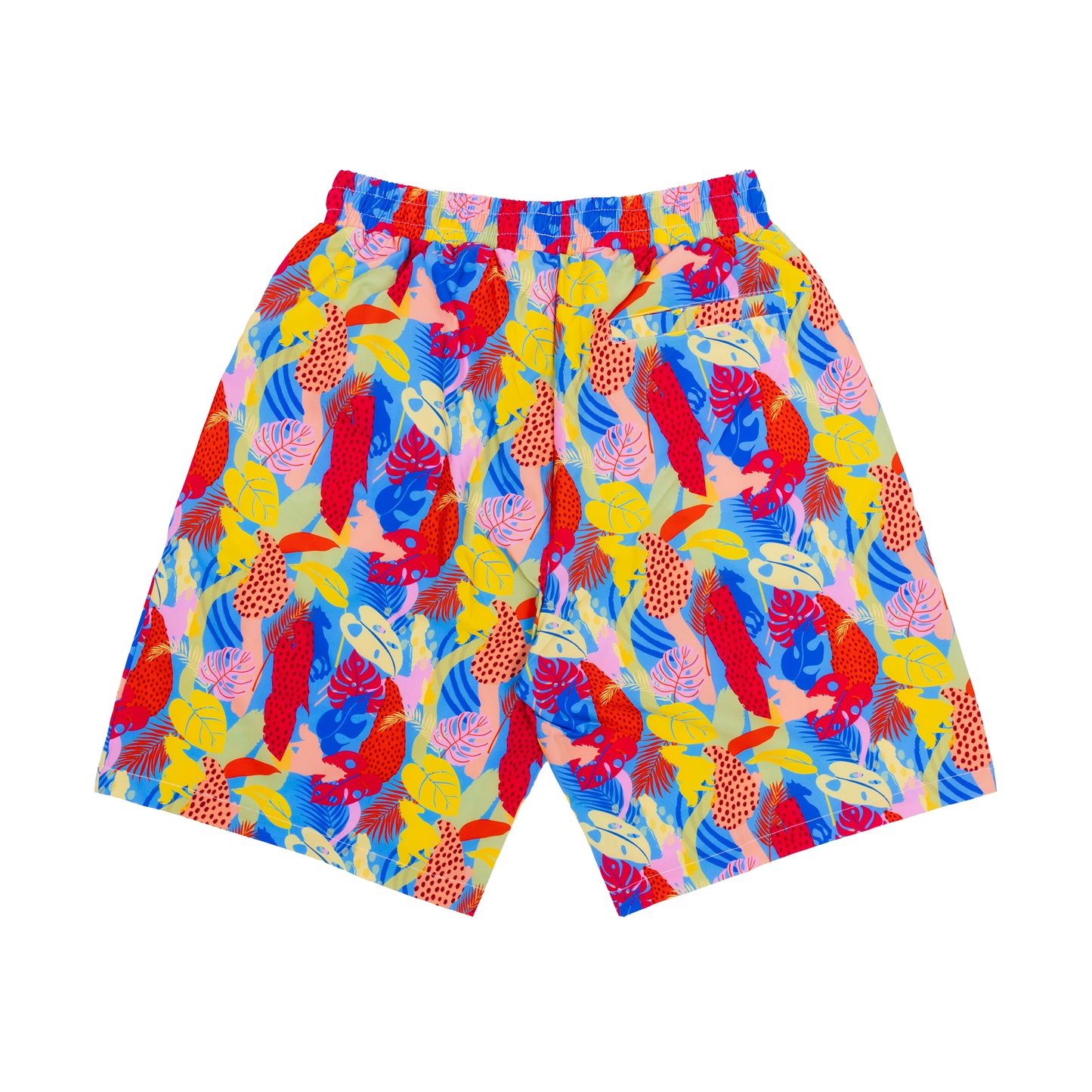 Colorful shorts with a tropical pattern on a white background
