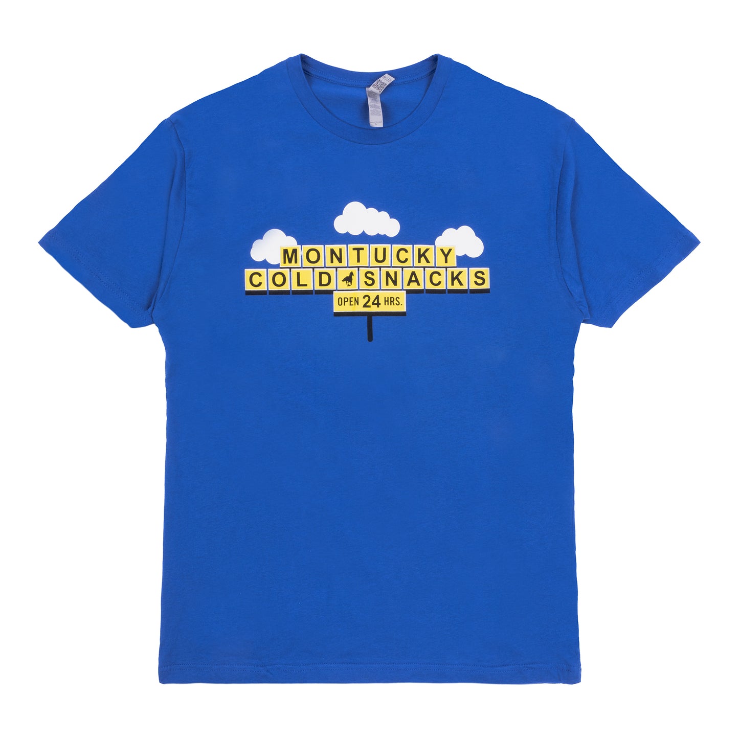 Blue t-shirt with yellow text and graphics on a white background