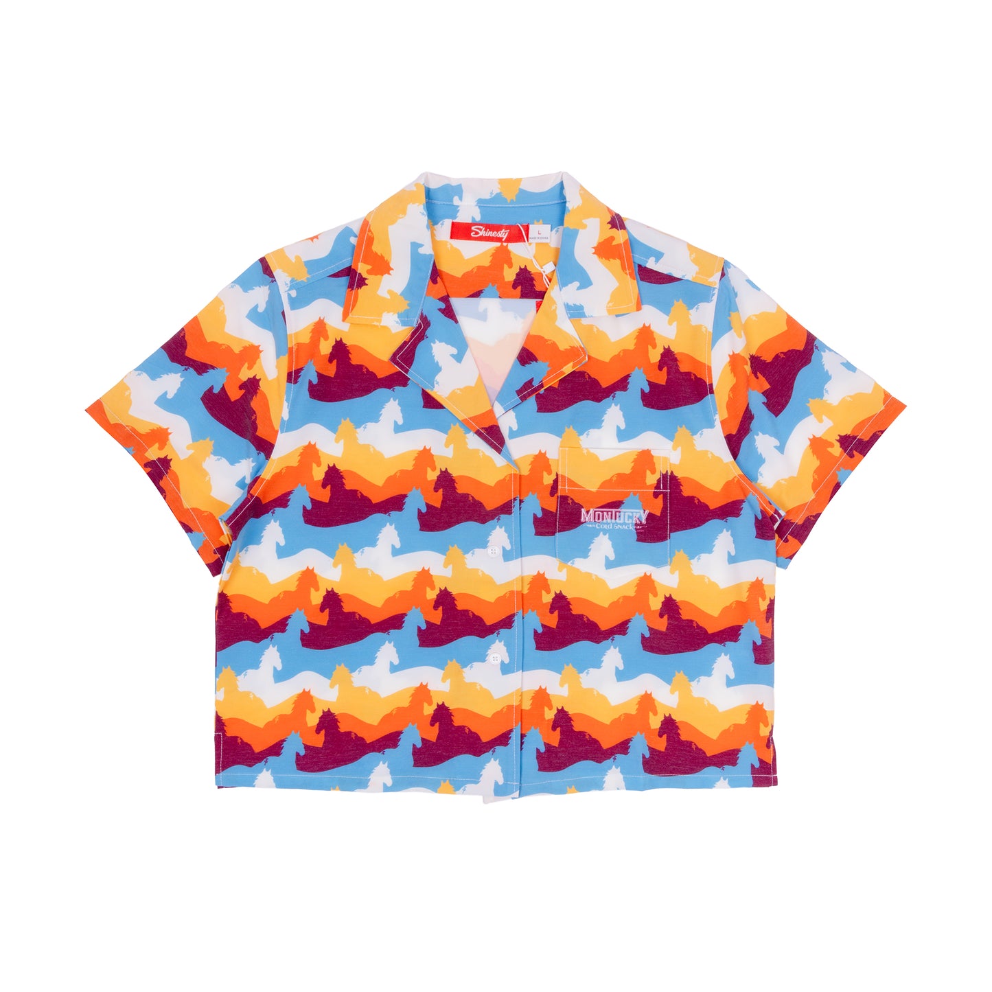 Colorful patterned shirt with a brand logo on a white background