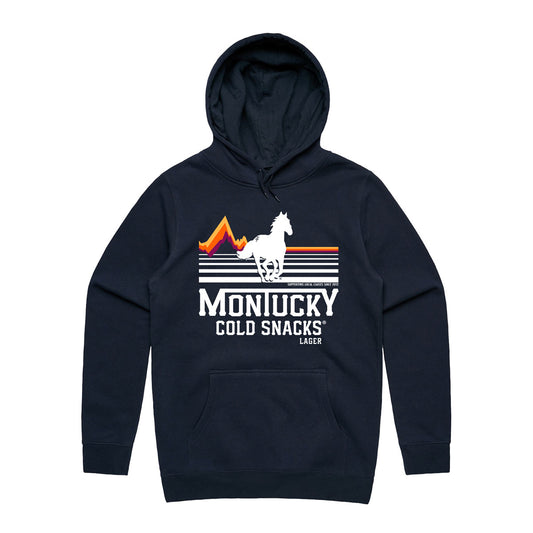 Navy hoodie with graphic design and text on a white background
