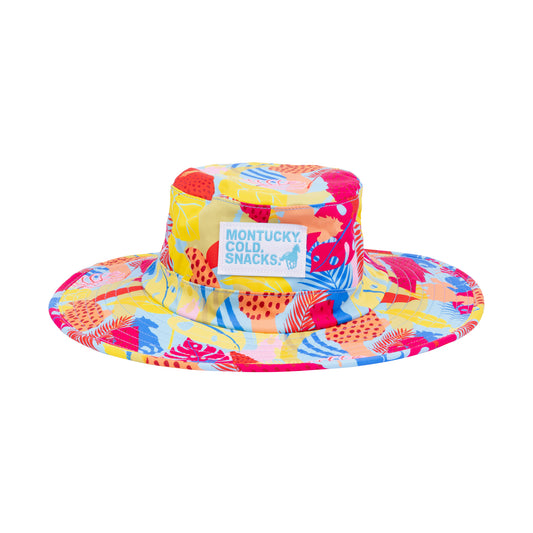 Colorful patterned sun hat with a visible brand label on a white background