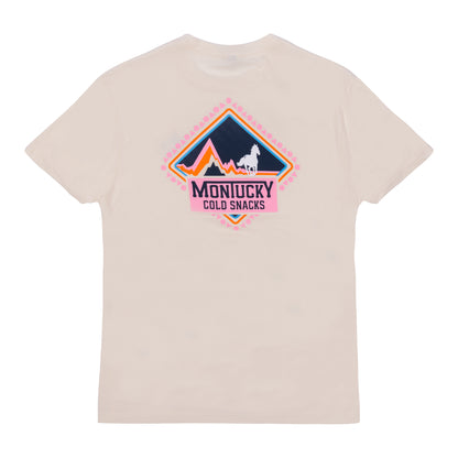 Beige t-shirt with a colorful logo on the back on a white background
