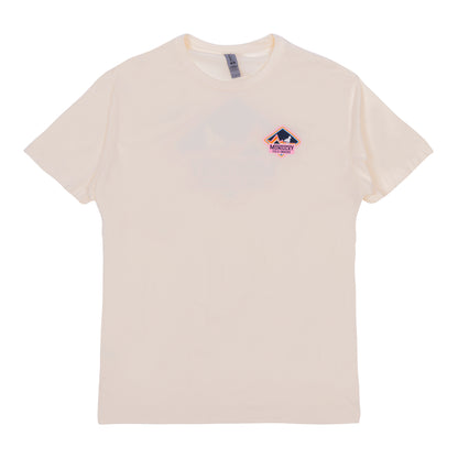 Beige t-shirt with a small logo on a white background