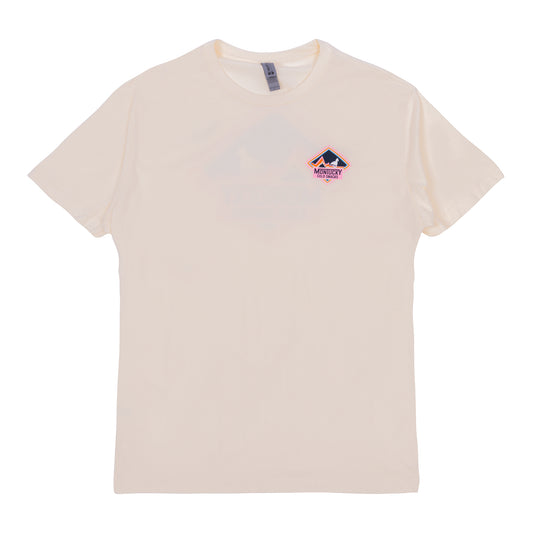 Beige t-shirt with a small logo on a white background
