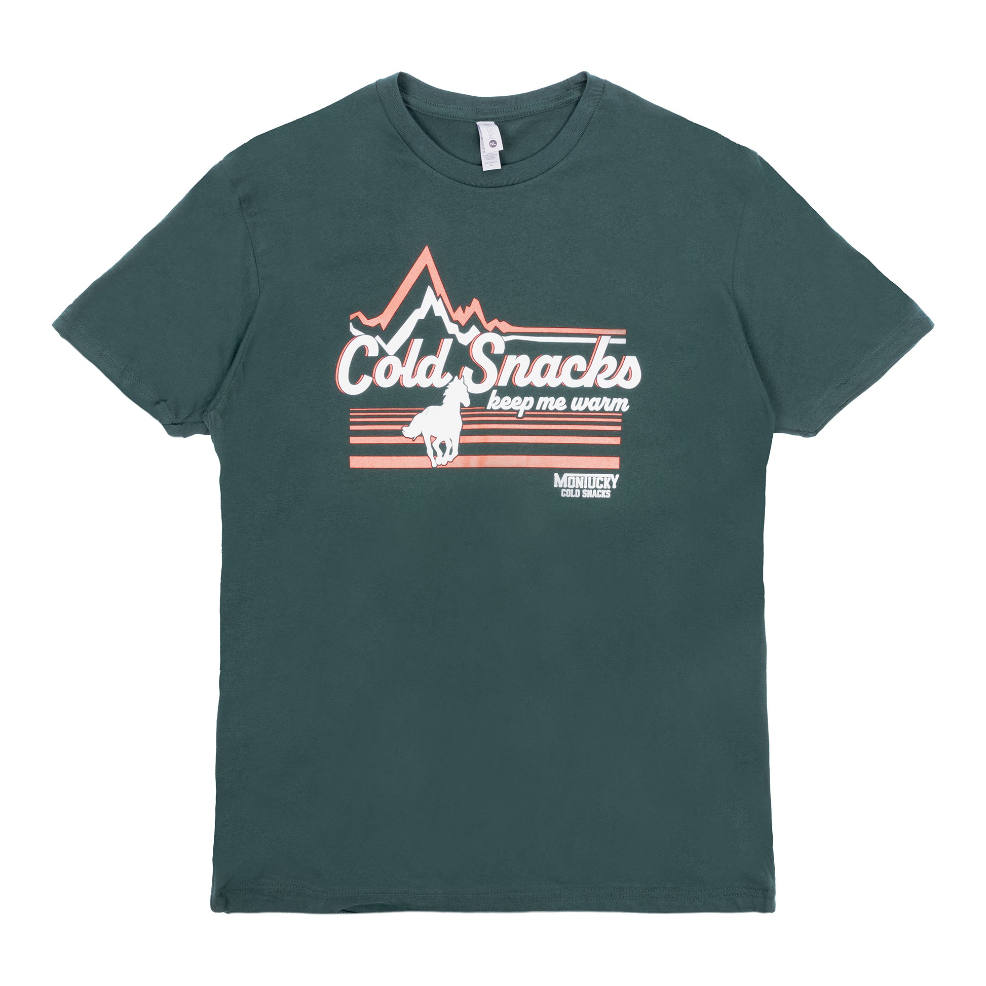 Green t-shirt with graphic design and text on a white background