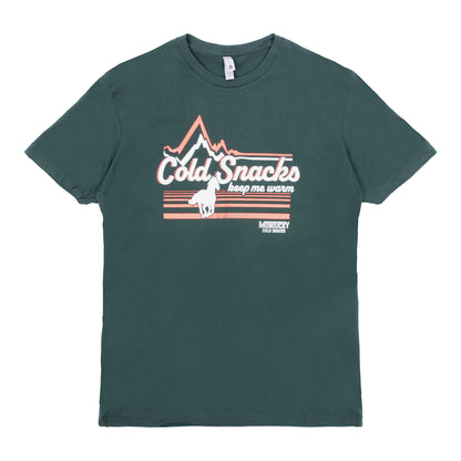 Green t-shirt with graphic design and text on a white background