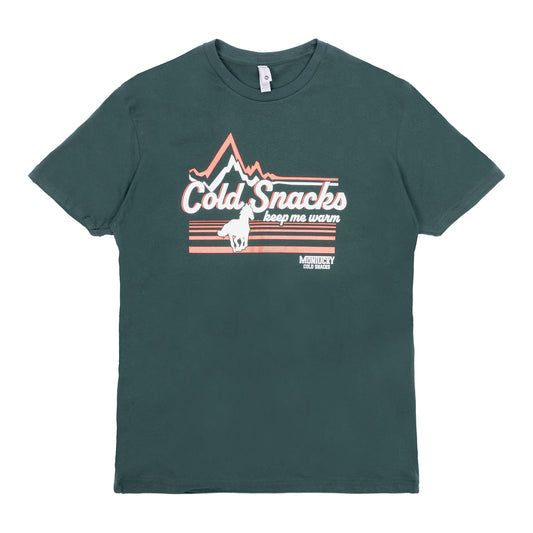 Green t-shirt with graphic design and text on a white background