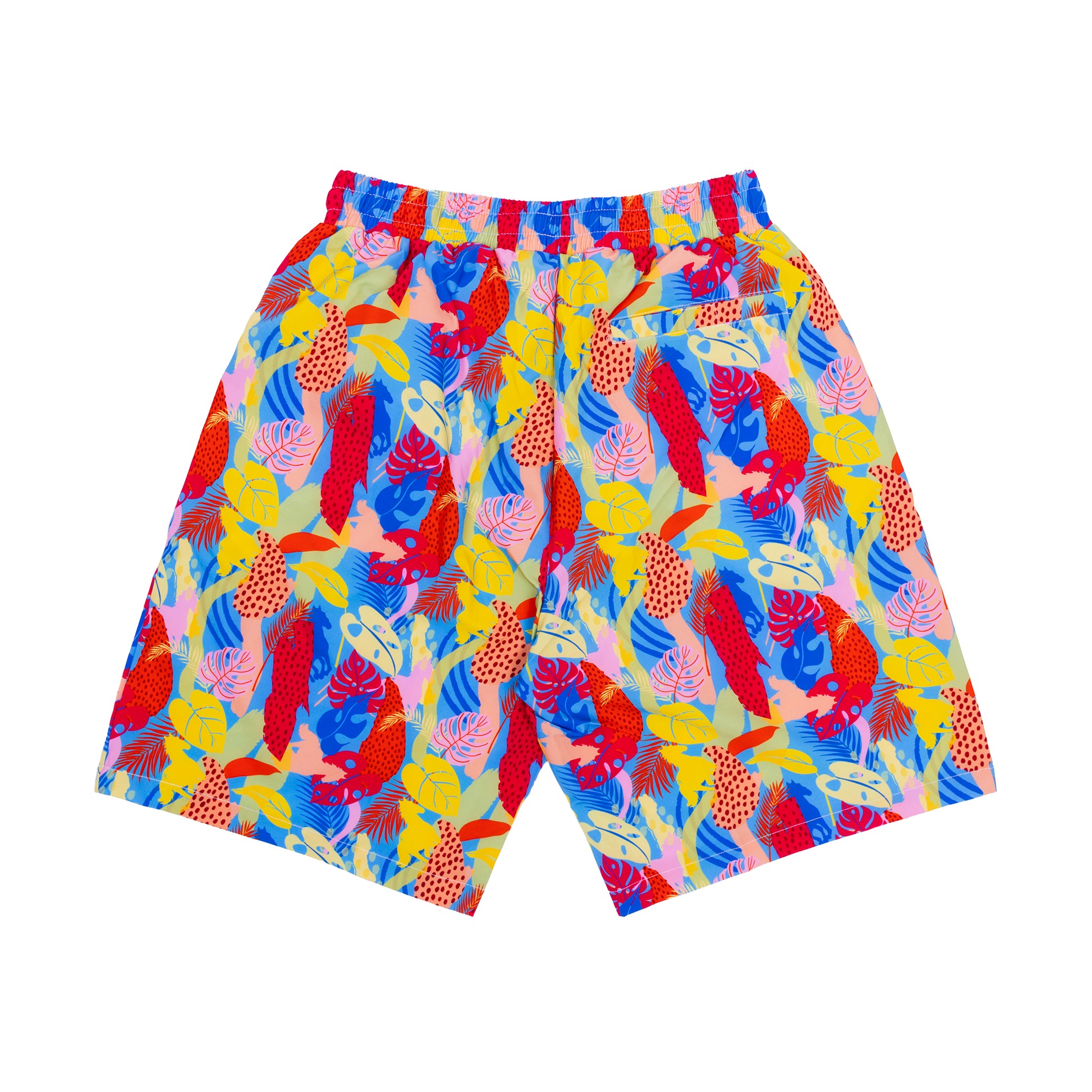 Colorful shorts with a tropical pattern on a white background