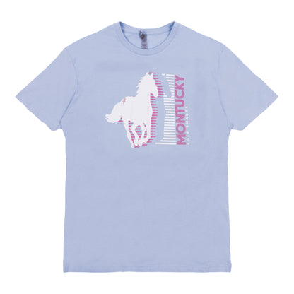 Light blue t-shirt with a horse graphic and 'Montucky' text on a white background