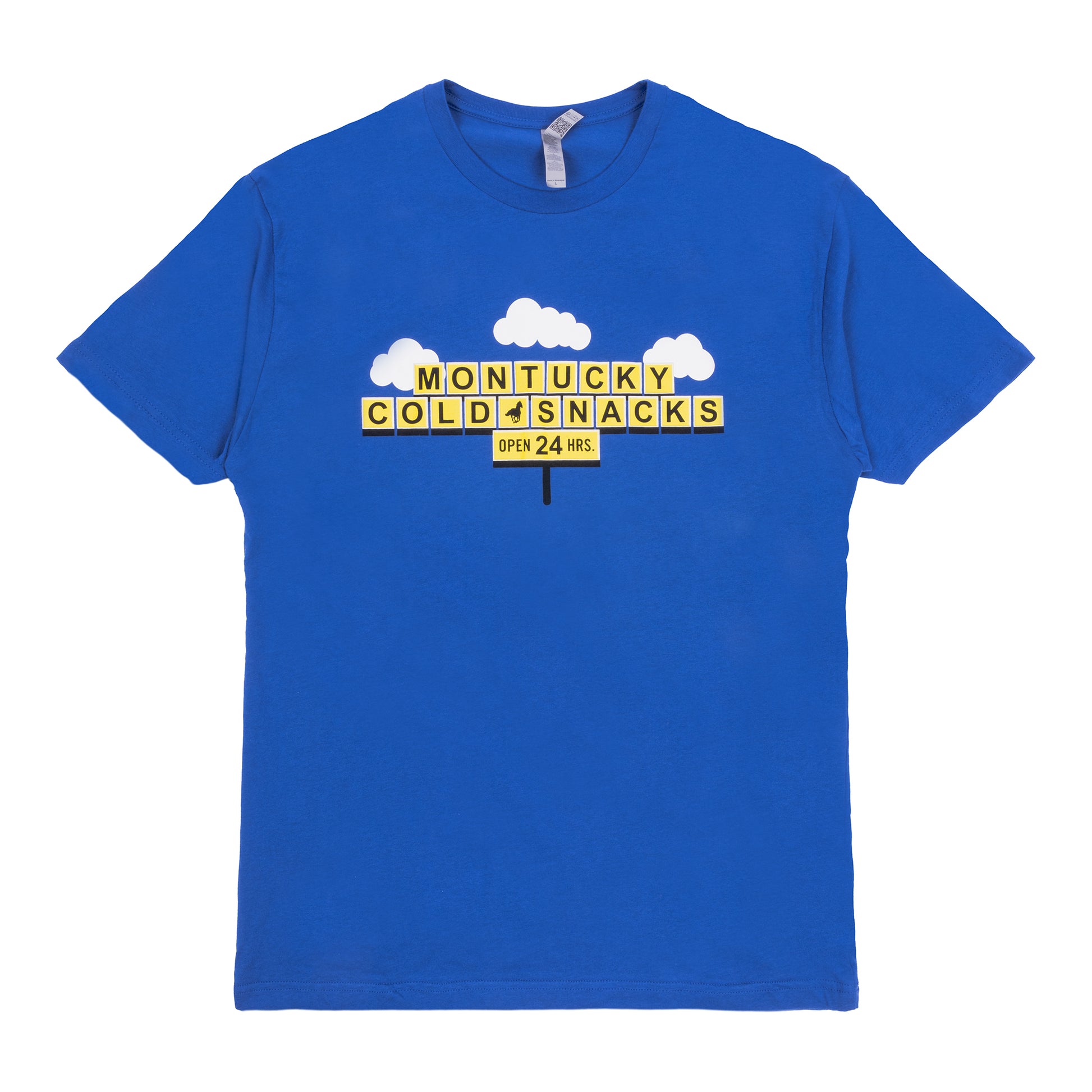 Blue t-shirt with yellow text and graphics on a white background
