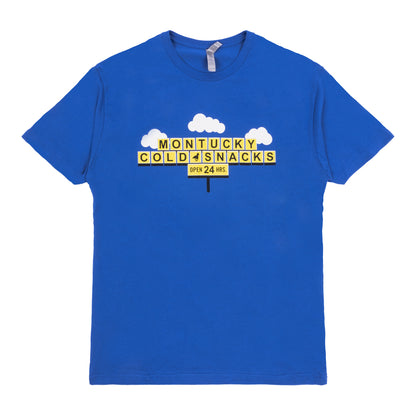 Blue t-shirt with yellow text and graphics on a white background
