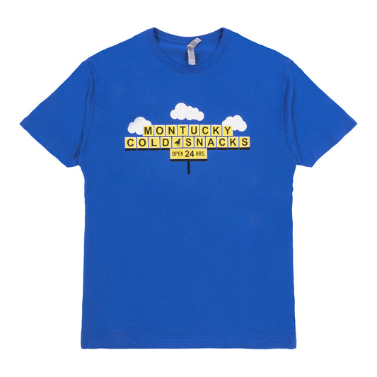 Blue t-shirt with yellow text and graphics on a white background