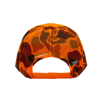 Orange and black camouflage cap on a white background